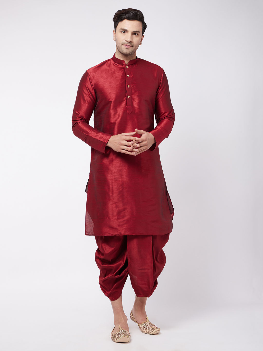 Sarvati Men's Maroon Silk Blend Kurta And Dhoti Set