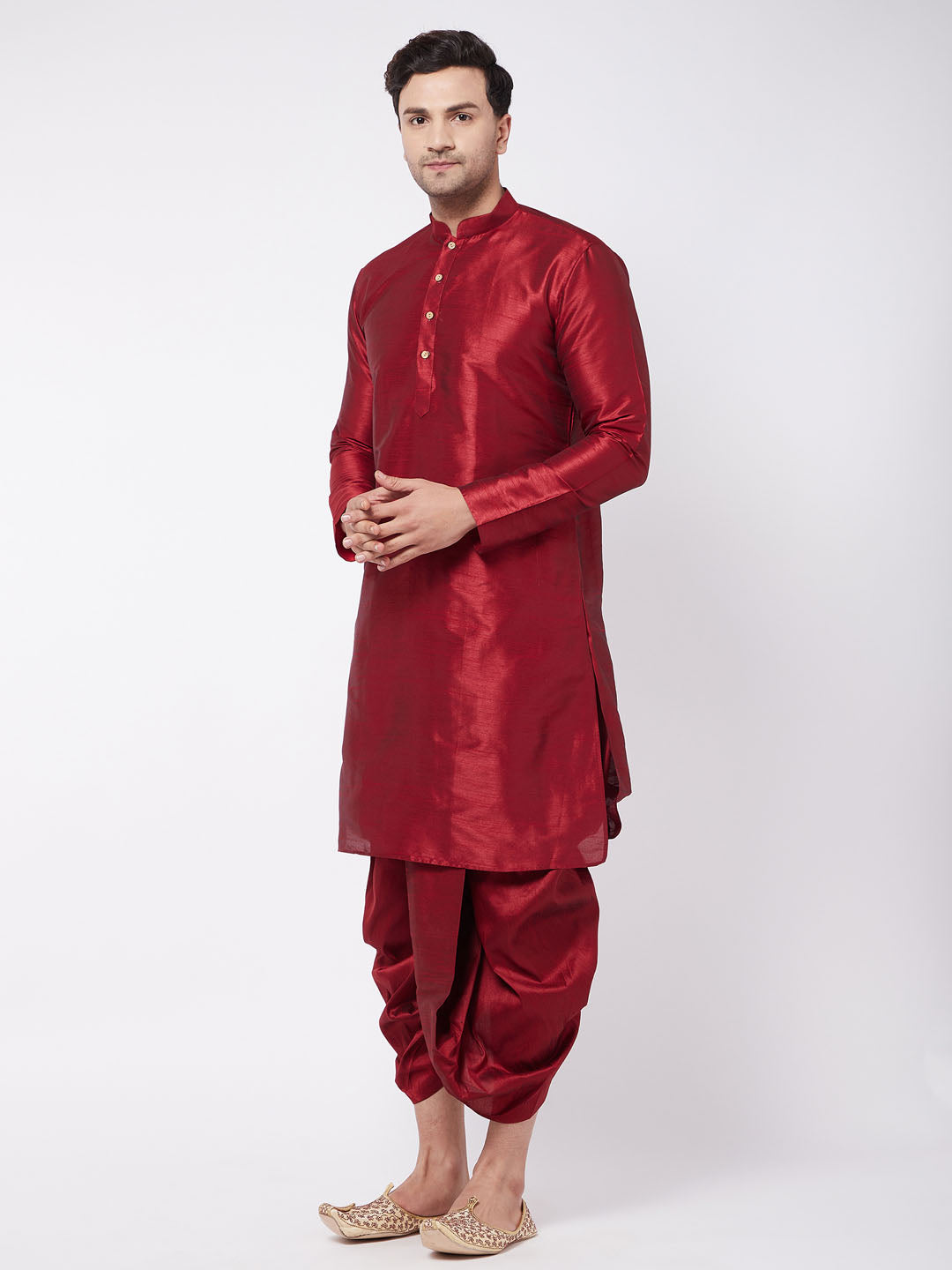 Sarvati Men's Maroon Silk Blend Kurta And Dhoti Set