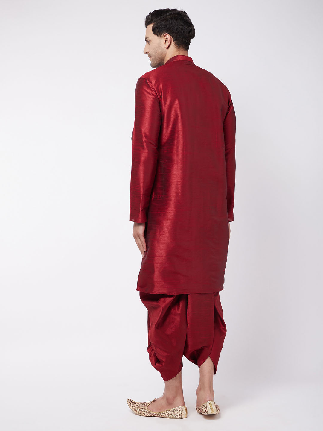 Sarvati Men's Maroon Silk Blend Kurta And Dhoti Set