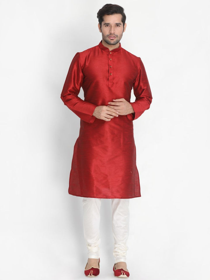 Sarvati Men's Maroon Cotton Silk Blend Kurta and Pyjama Set