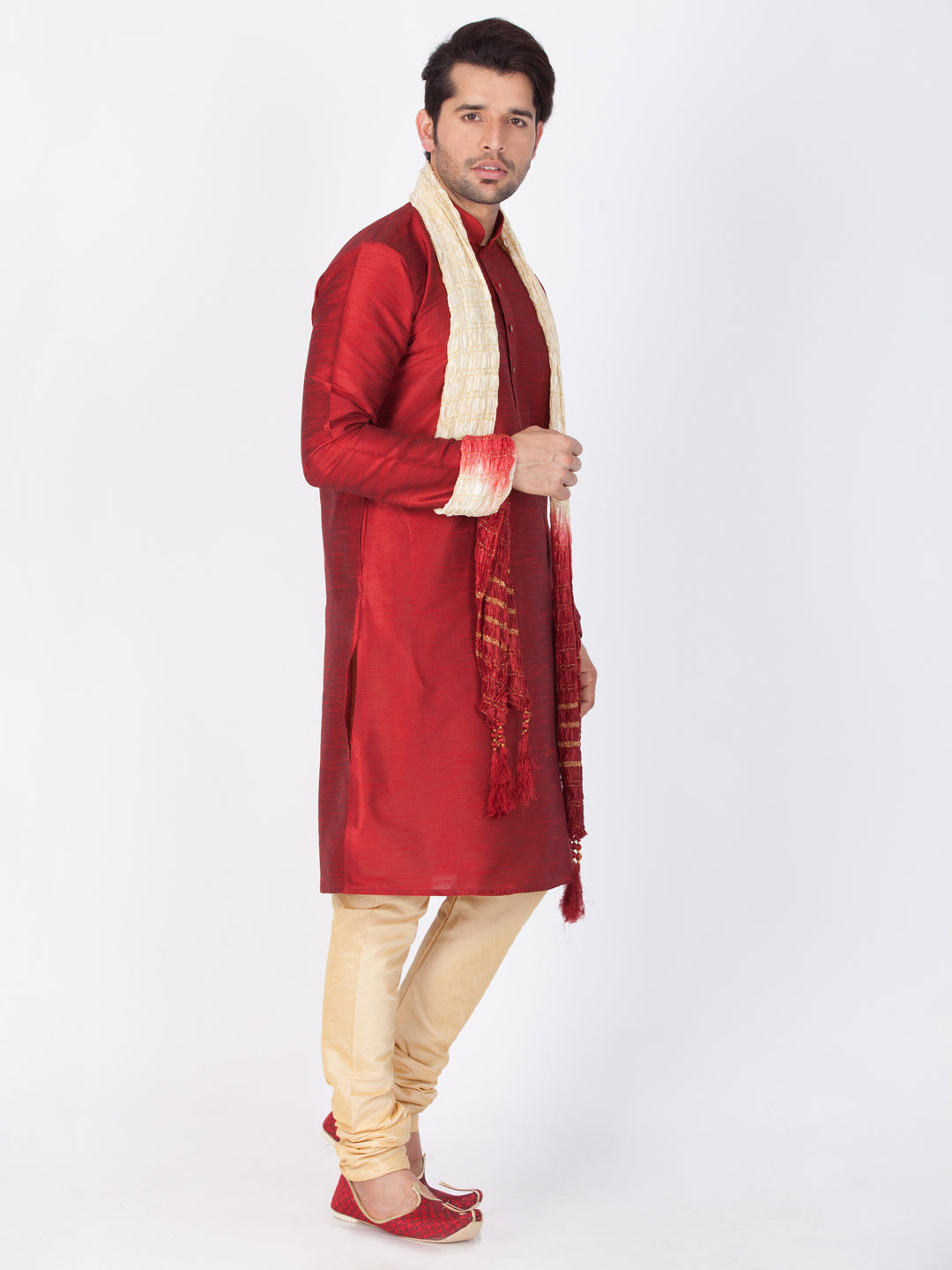 Sarvati Men's Maroon Cotton Silk Blend Kurta, Pyjama & Dupatta Set