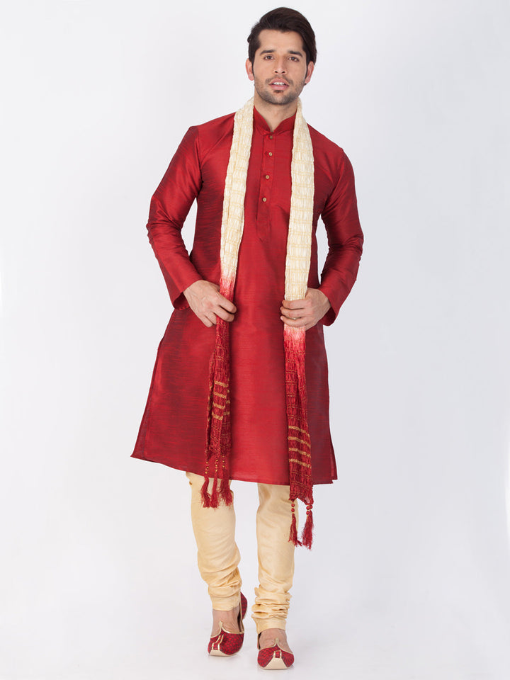 Sarvati Men's Maroon Cotton Silk Blend Kurta, Pyjama & Dupatta Set