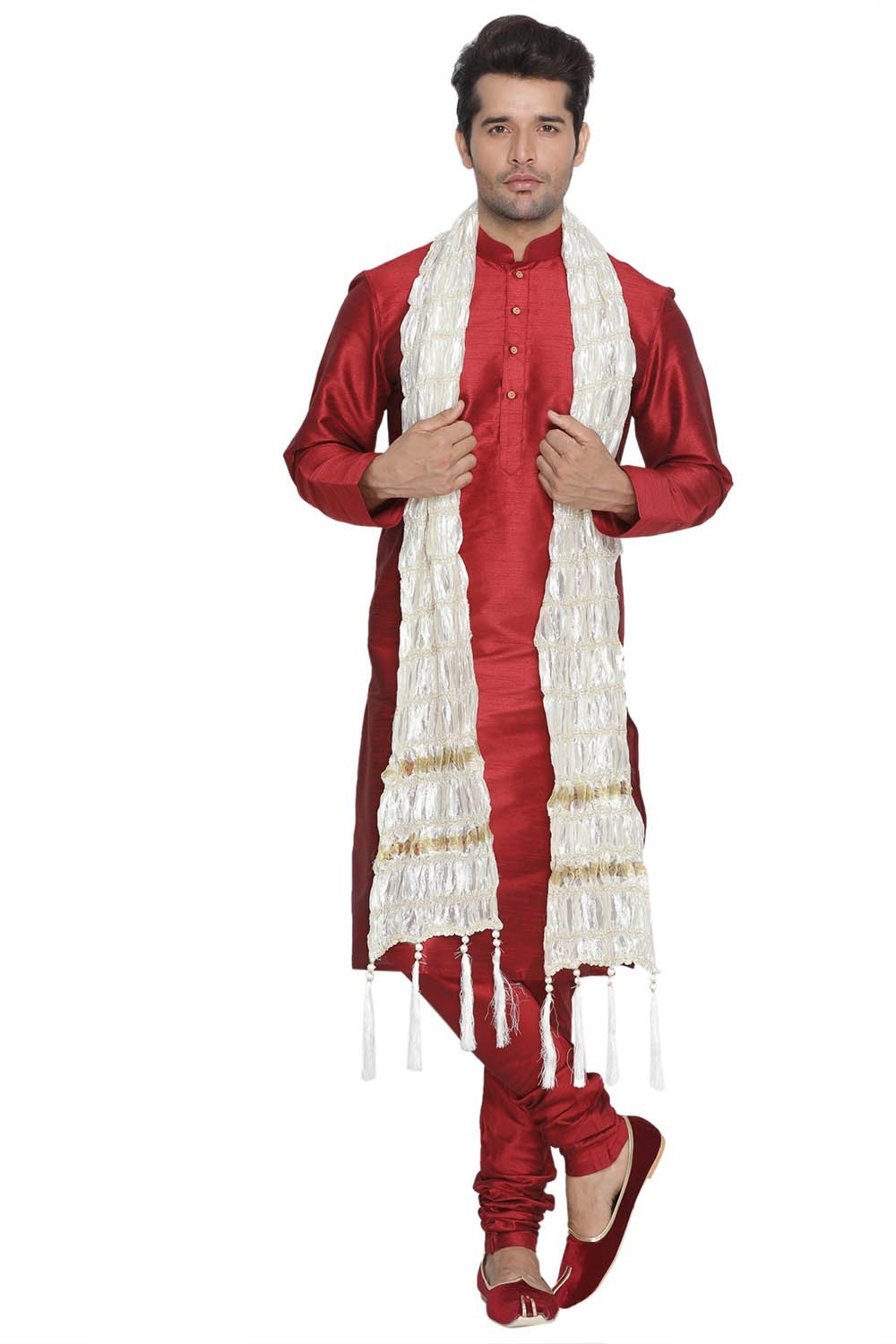 Sarvati Men's Maroon Cotton Silk Blend Kurta, Pyjama & Dupatta Set