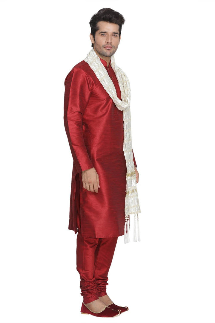 Sarvati Men's Maroon Cotton Silk Blend Kurta, Pyjama & Dupatta Set