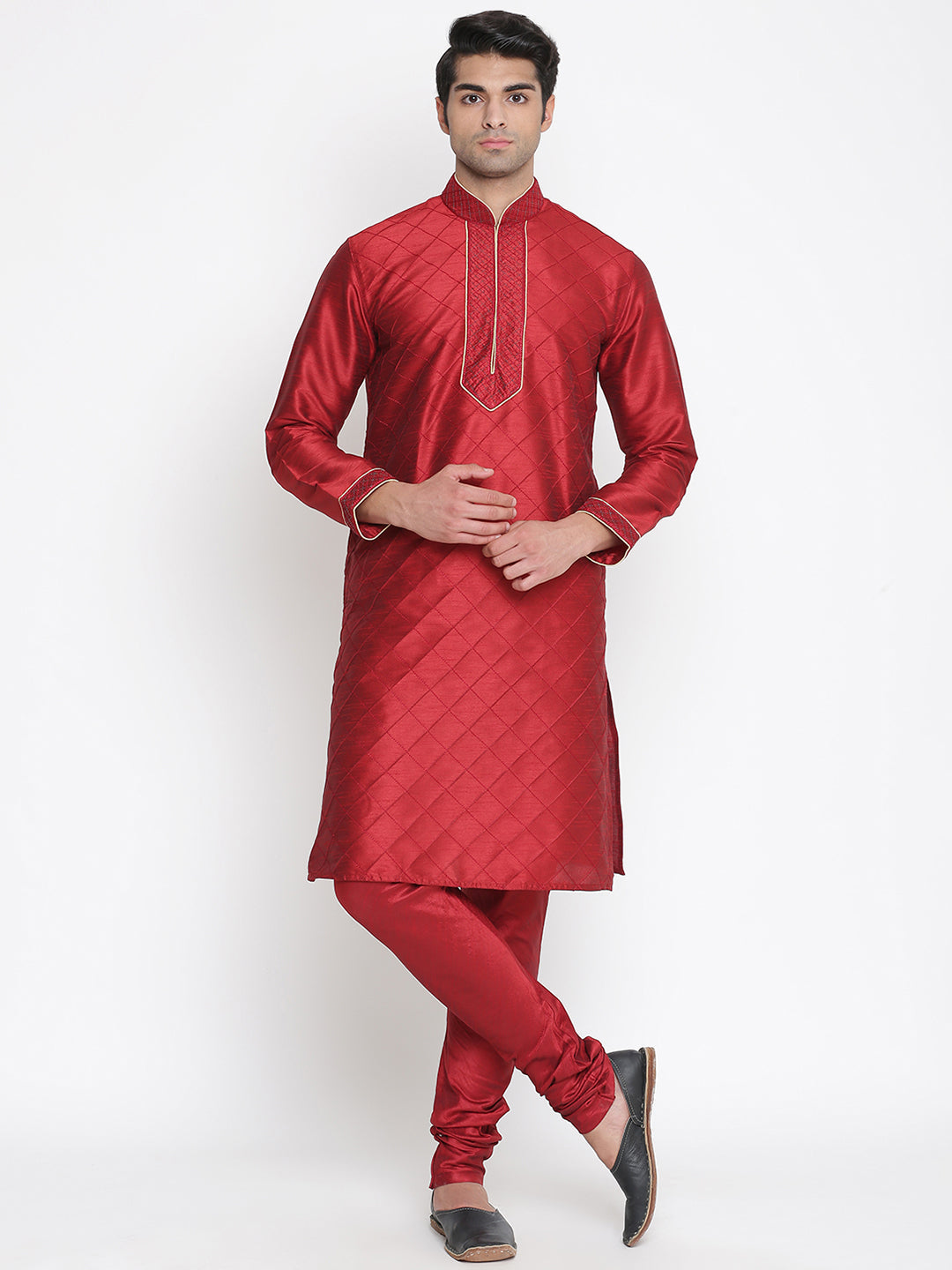 Sarvati Men's Maroon Silk Blend Kurta and Pyjama Set