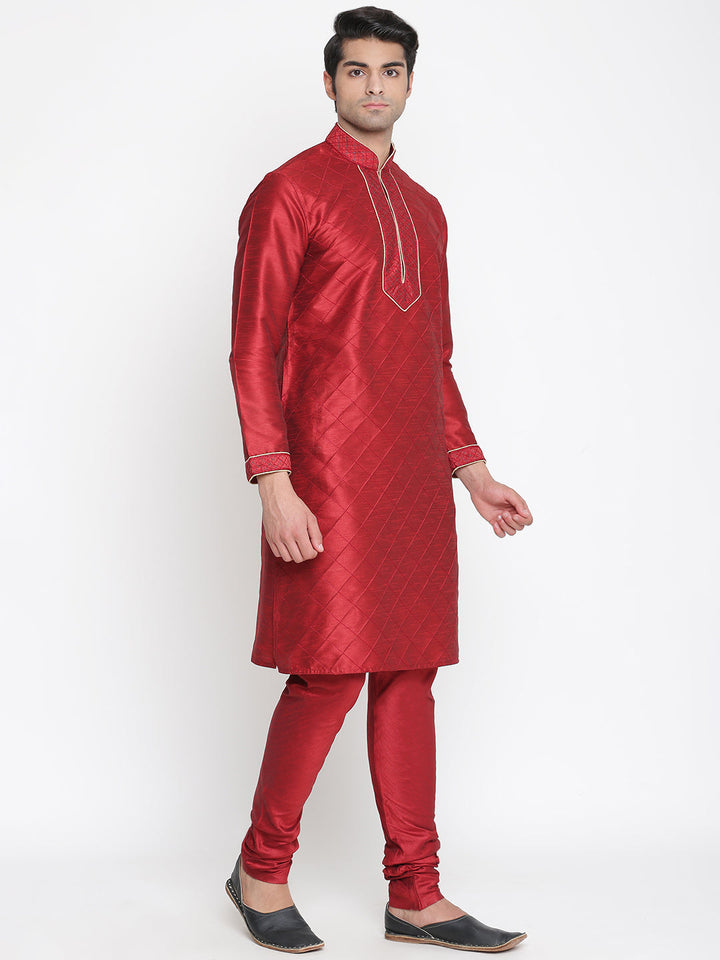 Sarvati Men's Maroon Silk Blend Kurta and Pyjama Set