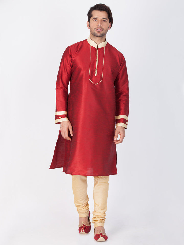 Sarvati Men's Maroon Silk Blend Kurta and Pyjama Set