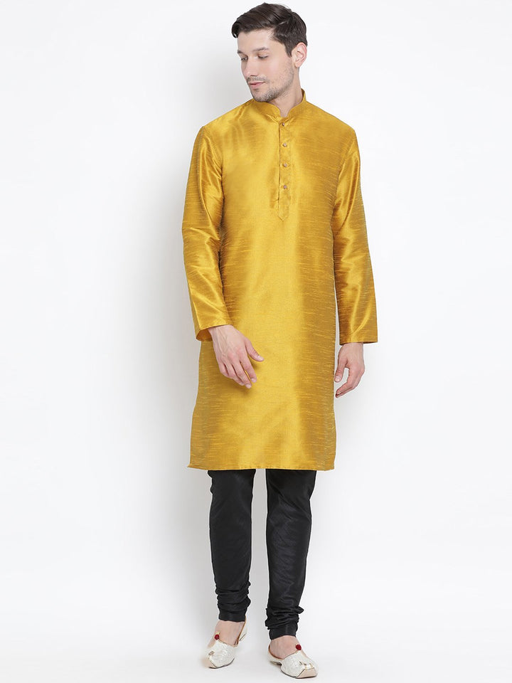 Sarvati Men's Yellow Cotton Silk Blend Kurta and Pyjama Set