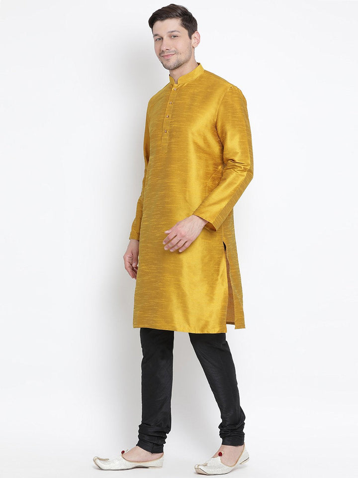 Sarvati Men's Yellow Cotton Silk Blend Kurta and Pyjama Set