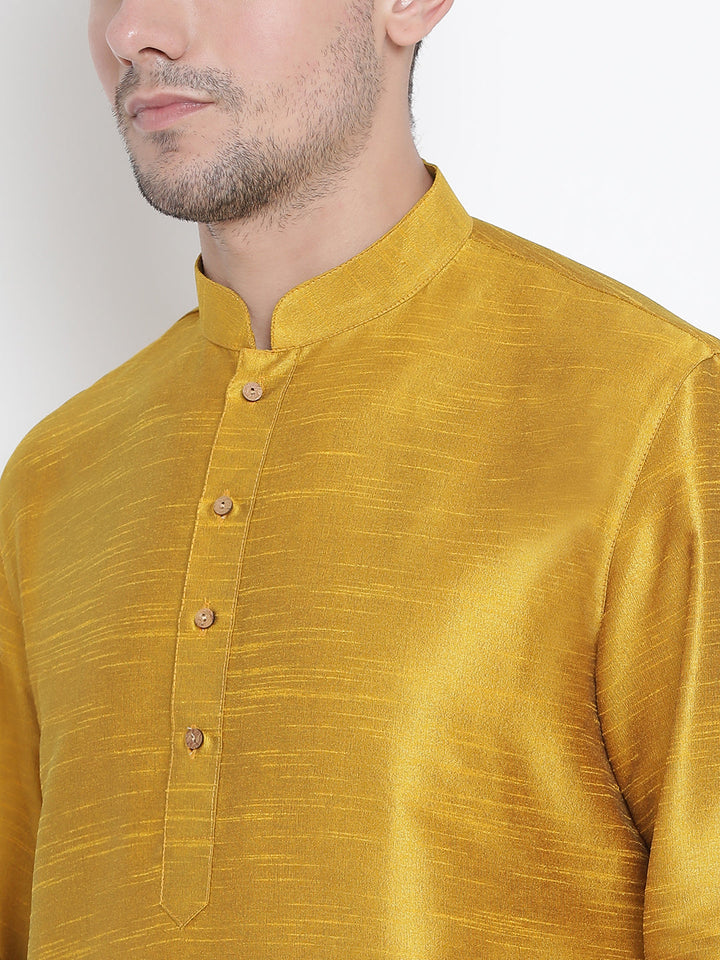 Sarvati Men's Yellow Cotton Silk Blend Kurta and Pyjama Set