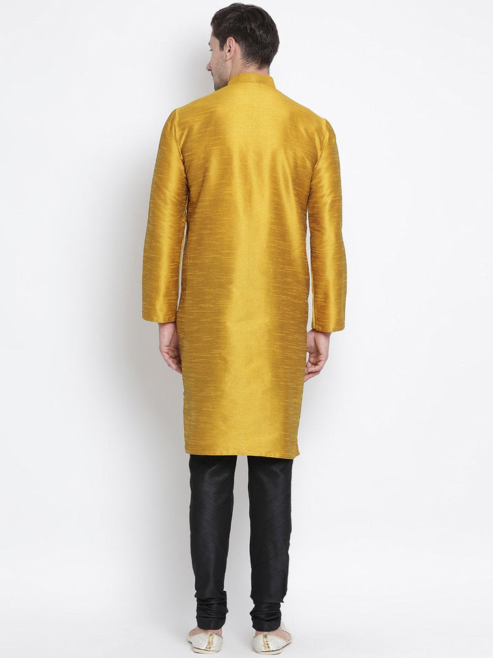 Sarvati Men's Yellow Cotton Silk Blend Kurta and Pyjama Set