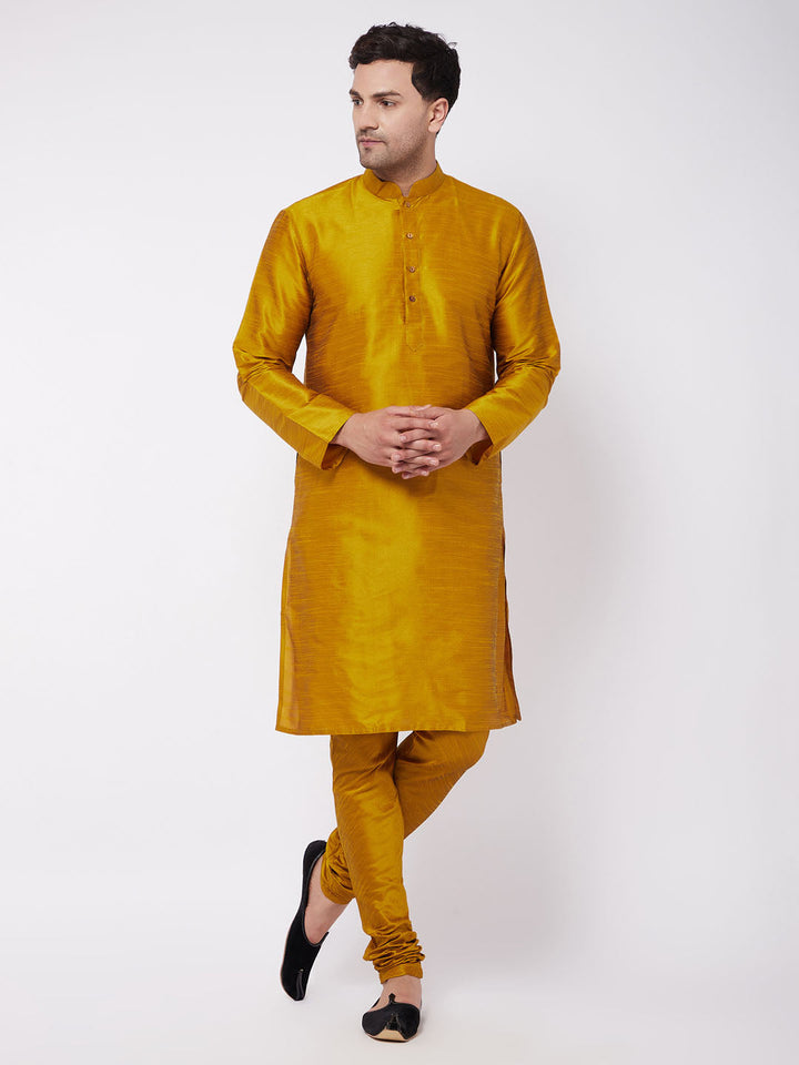 Sarvati Men's Mustard Solid Silk Blend Kurta Pyjama Set