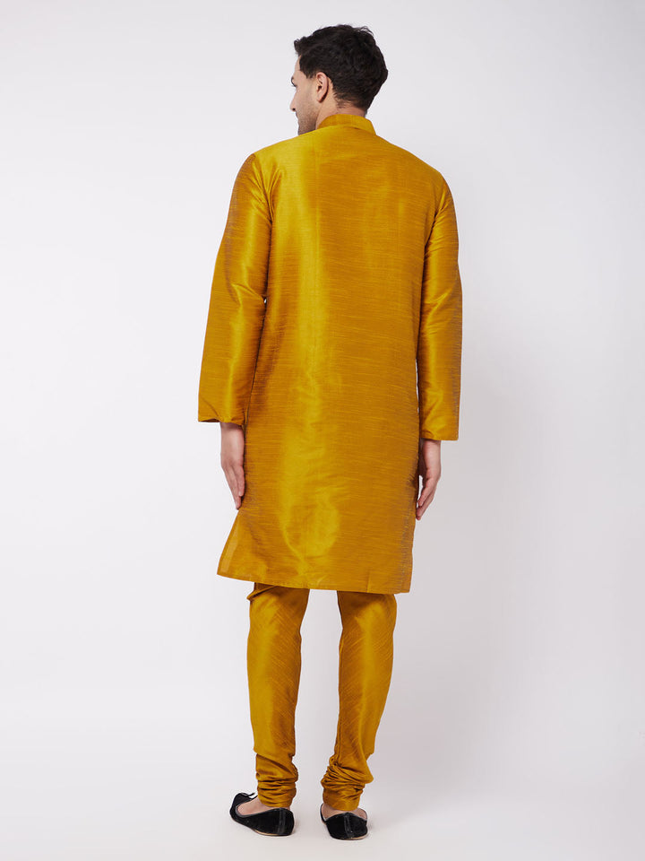 Sarvati Men's Mustard Solid Silk Blend Kurta Pyjama Set