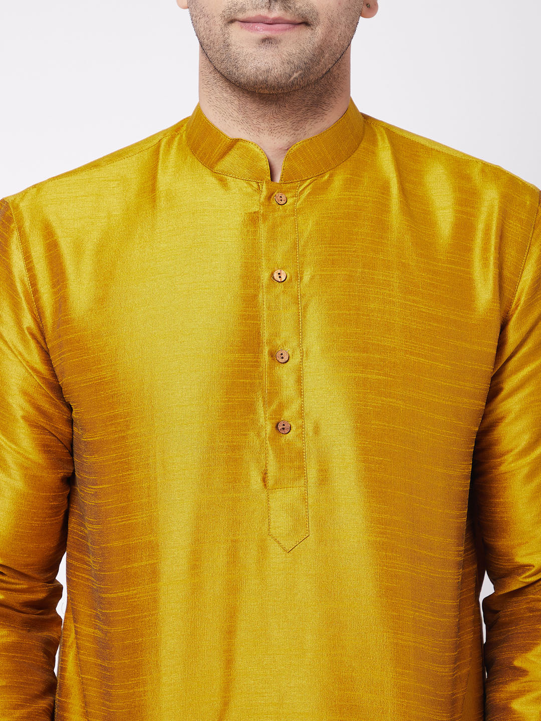 Sarvati Men's Mustard Solid Silk Blend Kurta Pyjama Set