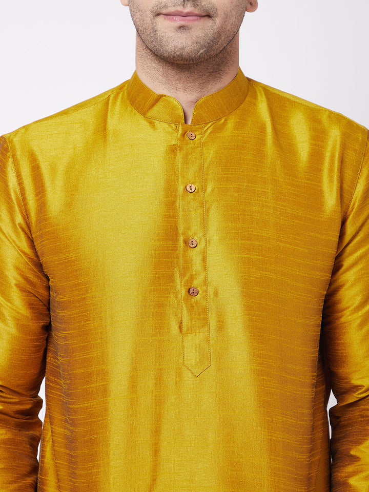 Sarvati Men's Mustard Solid Silk Blend Kurta Pyjama Set