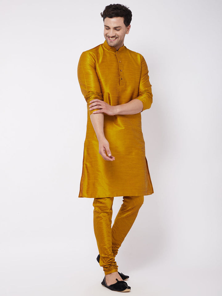 Sarvati Men's Mustard Solid Silk Blend Kurta Pyjama Set