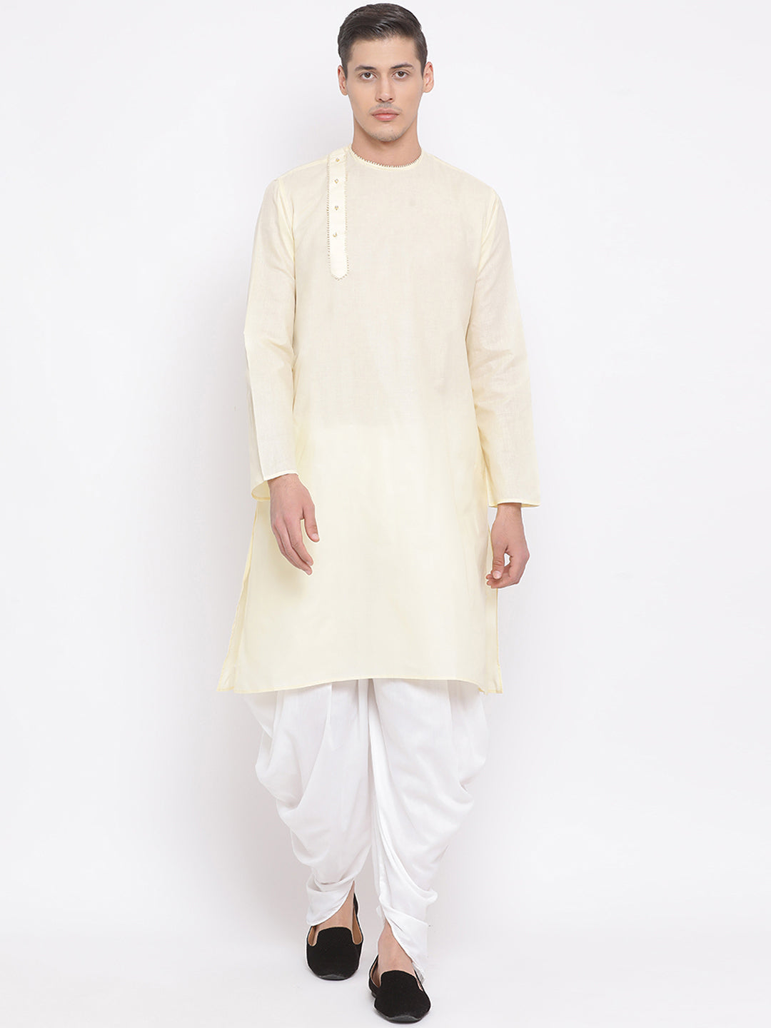 Sarvati Men's Cream Cotton Blend Kurta and White Dhoti Set