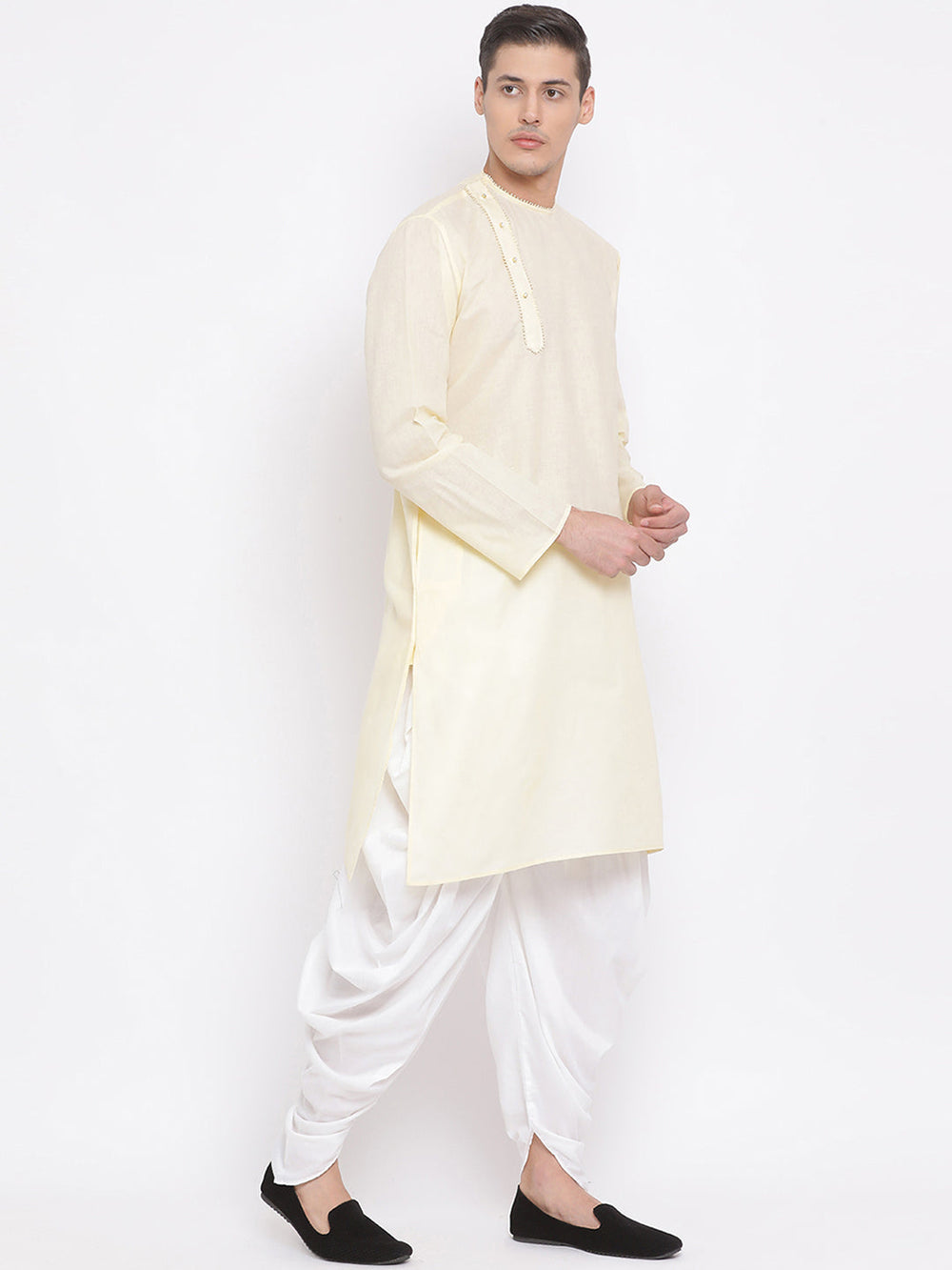 Sarvati Men's Cream Cotton Blend Kurta and White Dhoti Set