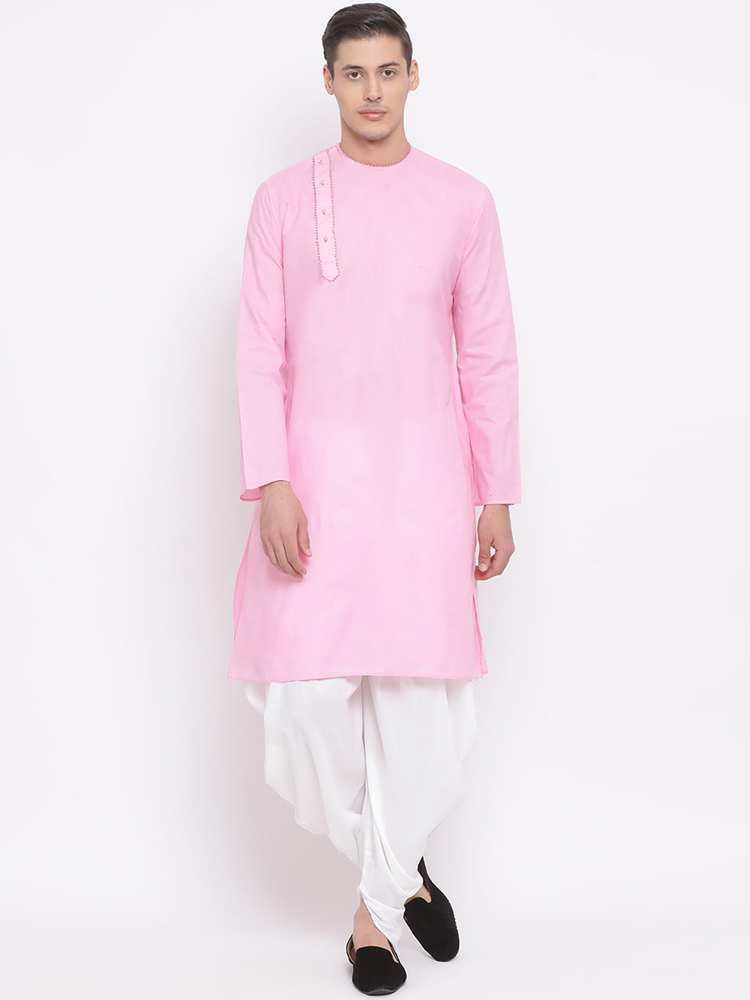 Sarvati Men's Pink Cotton Blend Kurta and White Dhoti Set