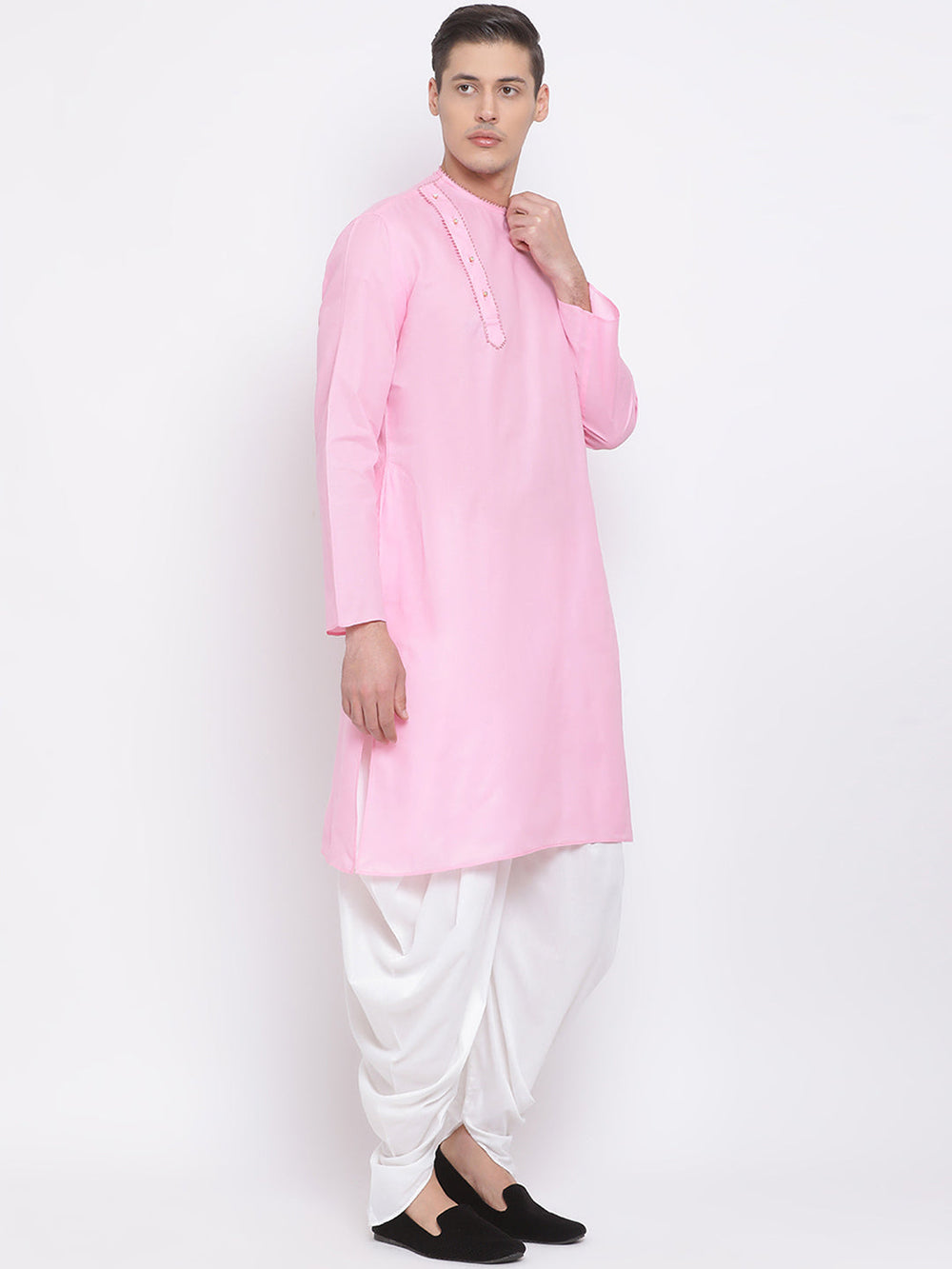 Sarvati Men's Pink Cotton Blend Kurta and White Dhoti Set