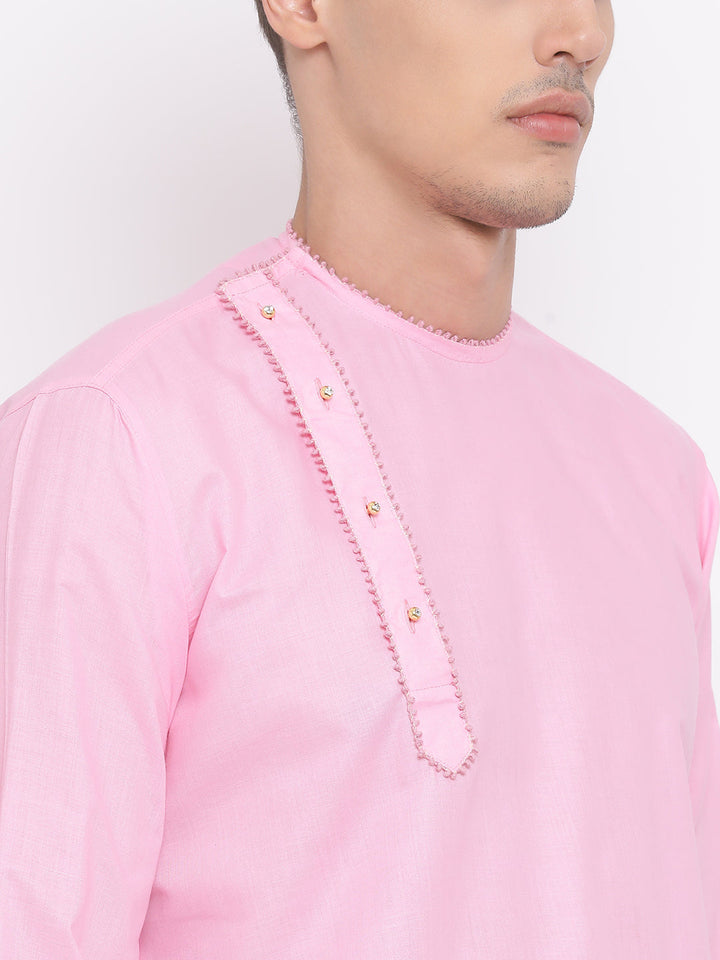 Sarvati Men's Pink Cotton Blend Kurta and White Dhoti Set