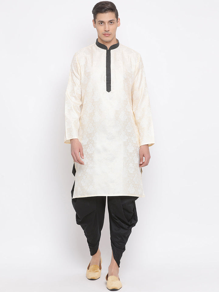 Sarvati Men's Gold Silk Blend Kurta and Black Dhoti Set