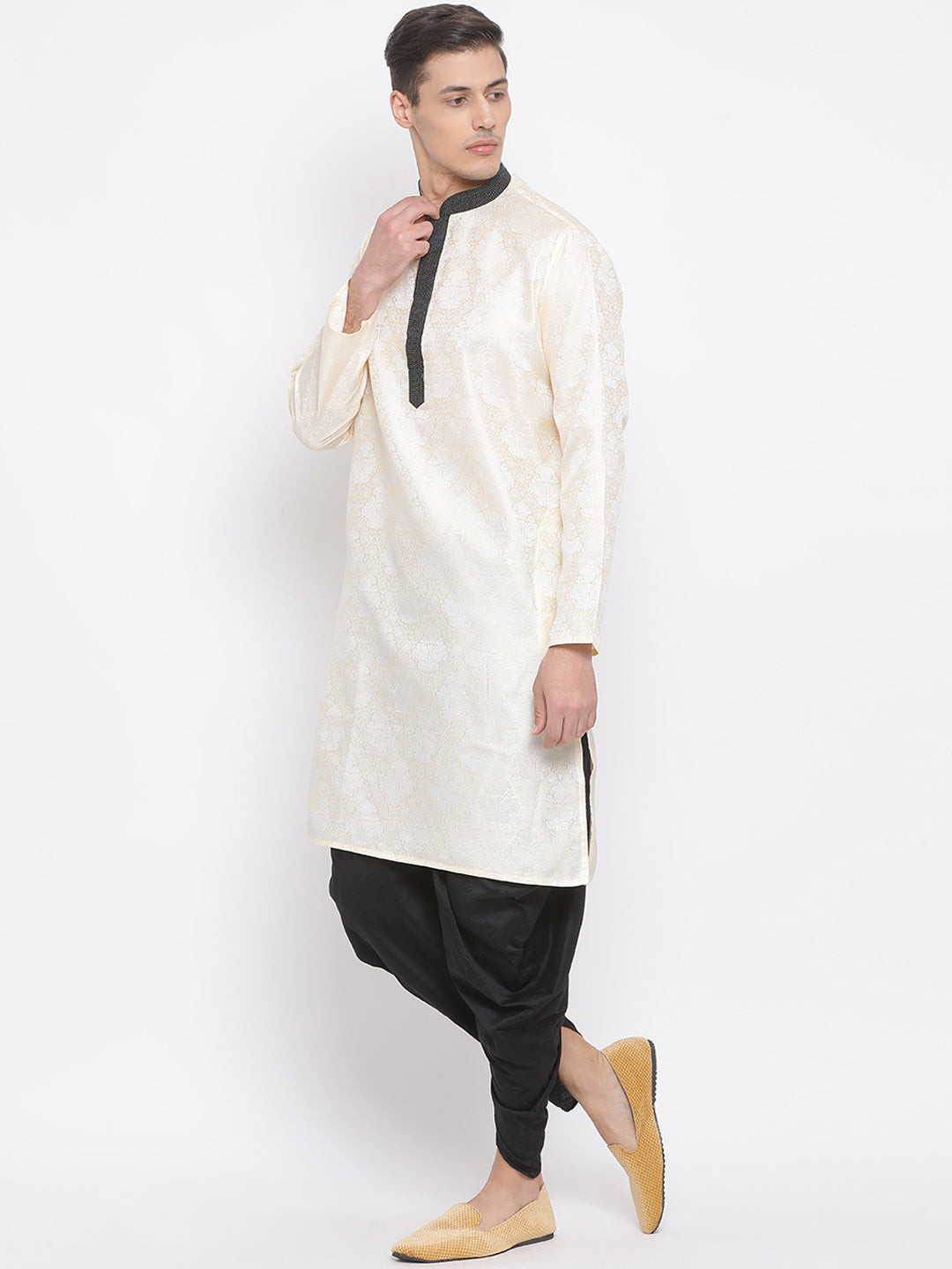 Sarvati Men's Gold Silk Blend Kurta and Black Dhoti Set