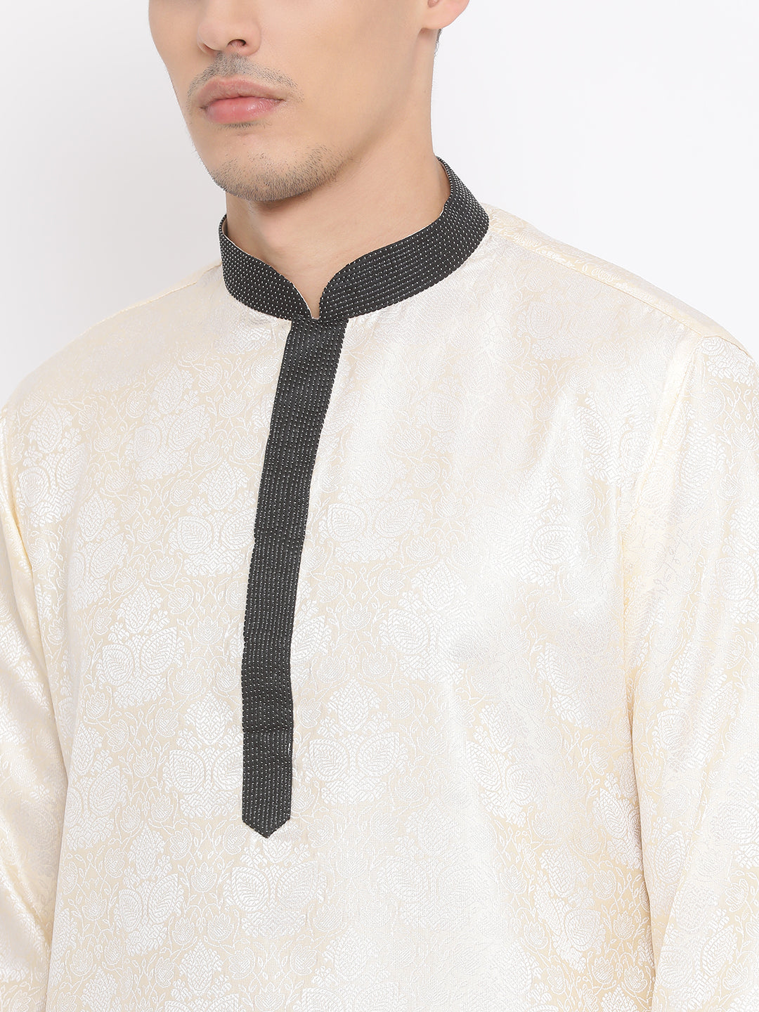 Sarvati Men's Gold Silk Blend Kurta and Black Dhoti Set