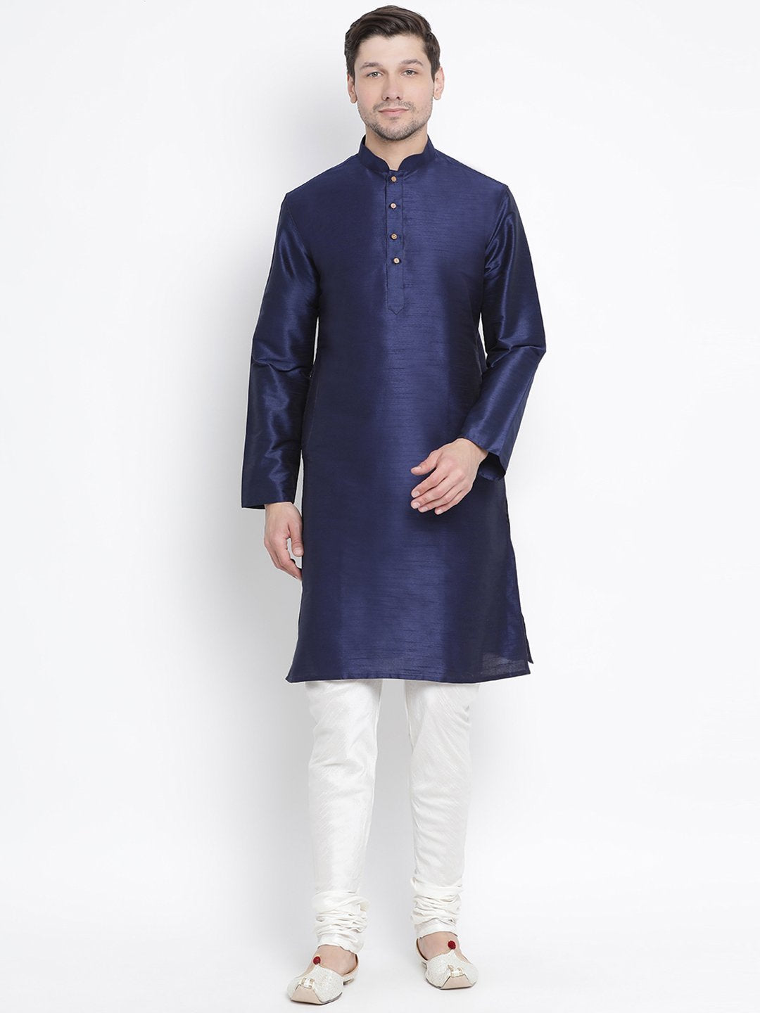 Sarvati Men's Dark Blue Cotton Silk Blend Kurta and Pyjama Set