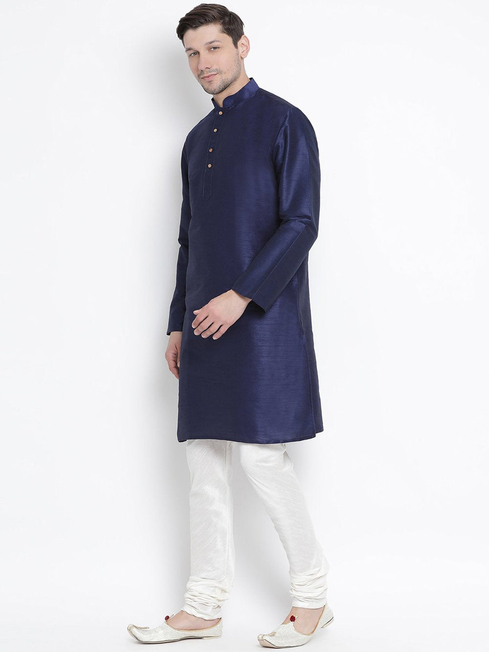 Sarvati Men's Dark Blue Cotton Silk Blend Kurta and Pyjama Set