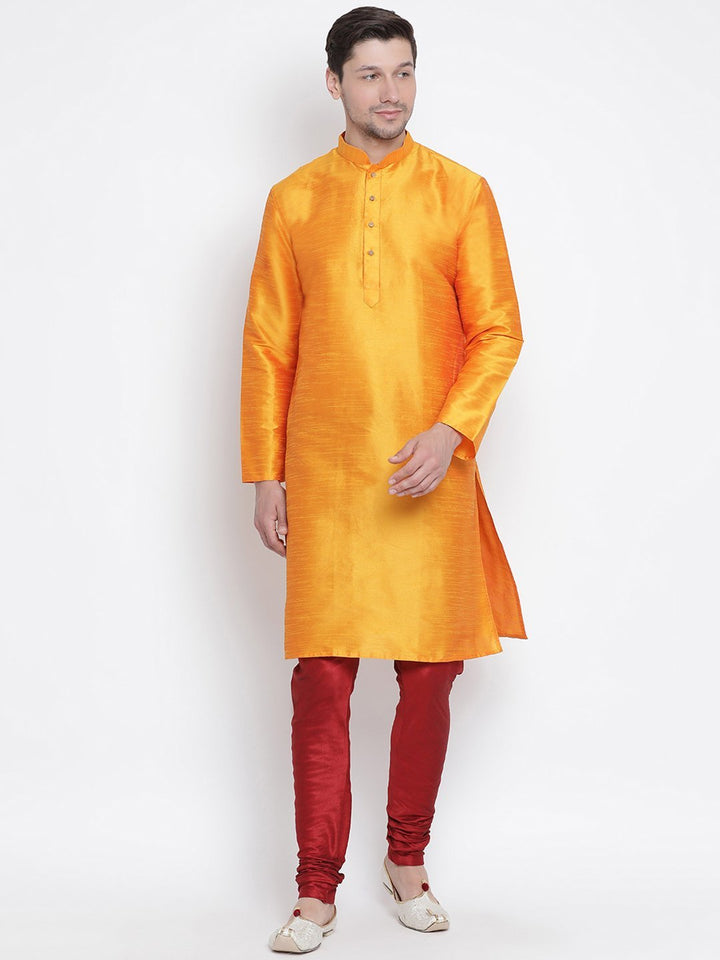 Sarvati Men's Orange Cotton Silk Blend Kurta and Pyjama Set