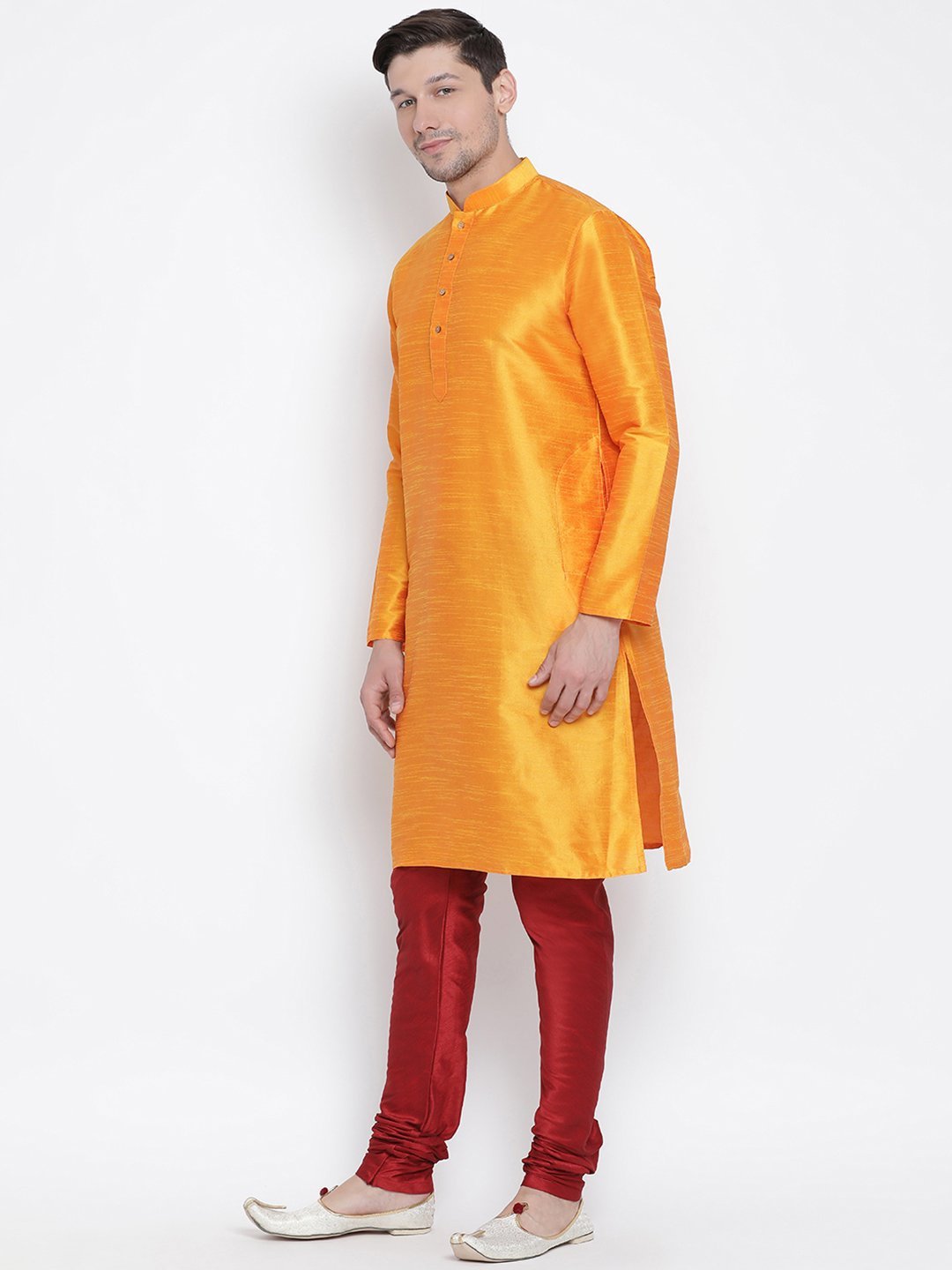 Sarvati Men's Orange Cotton Silk Blend Kurta and Pyjama Set