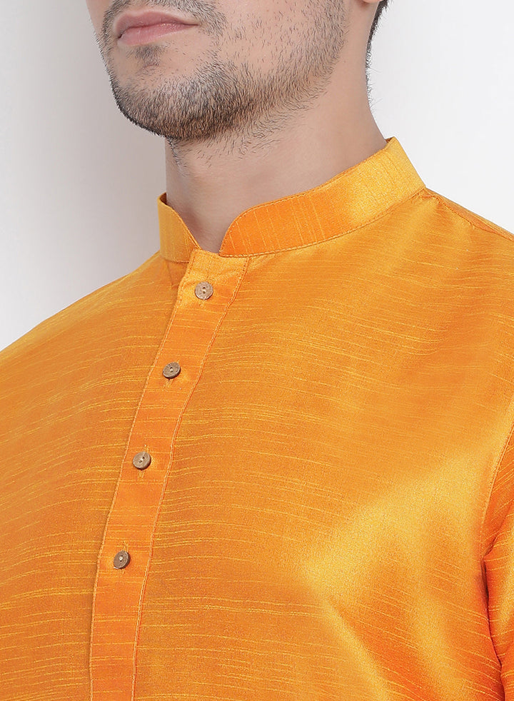 Sarvati Men's Orange Cotton Silk Blend Kurta and Pyjama Set