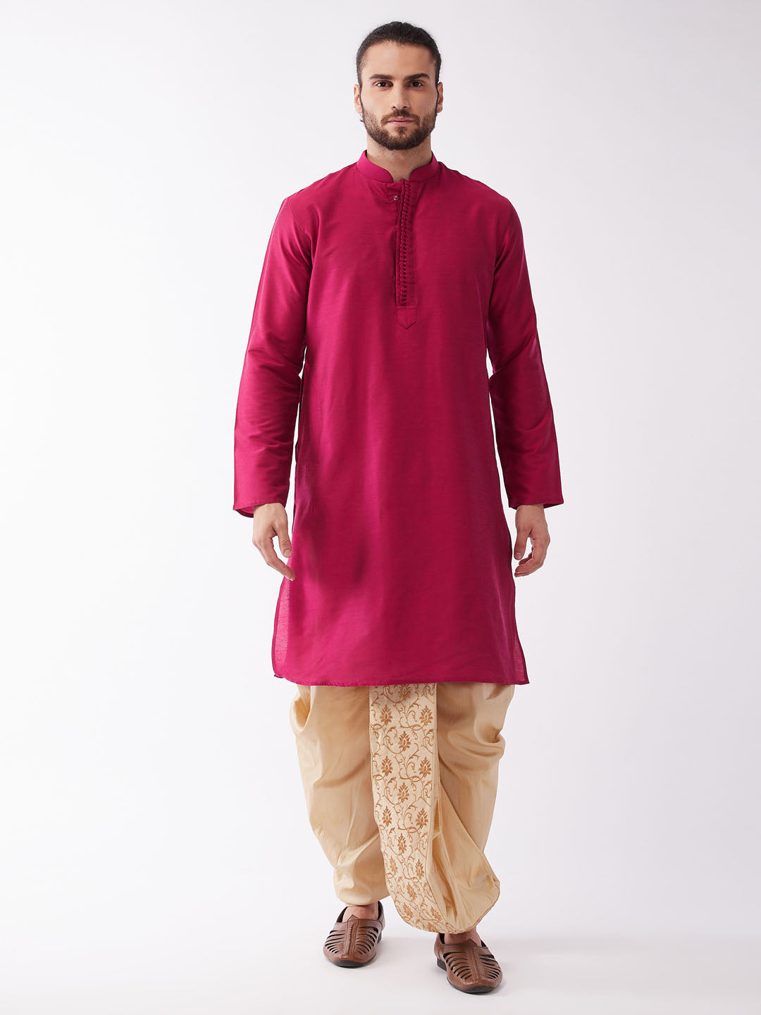 Sarvati Men's Fuchsia Pink And Gold Cotton Silk Blend Kurta And Dhoti Set