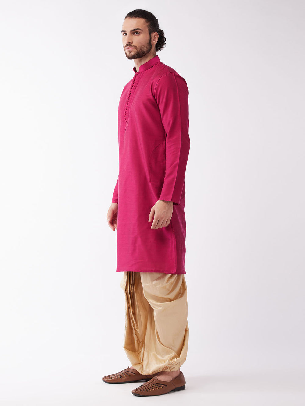 Sarvati Men's Fuchsia Pink And Gold Cotton Silk Blend Kurta And Dhoti Set