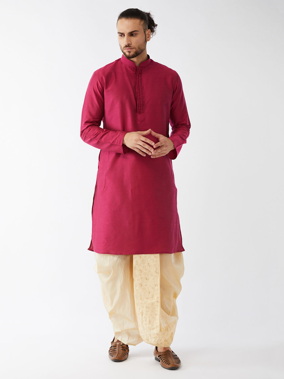 Sarvati Men's Fuchsia Pink And Gold Cotton Silk Blend Kurta And Dhoti Set