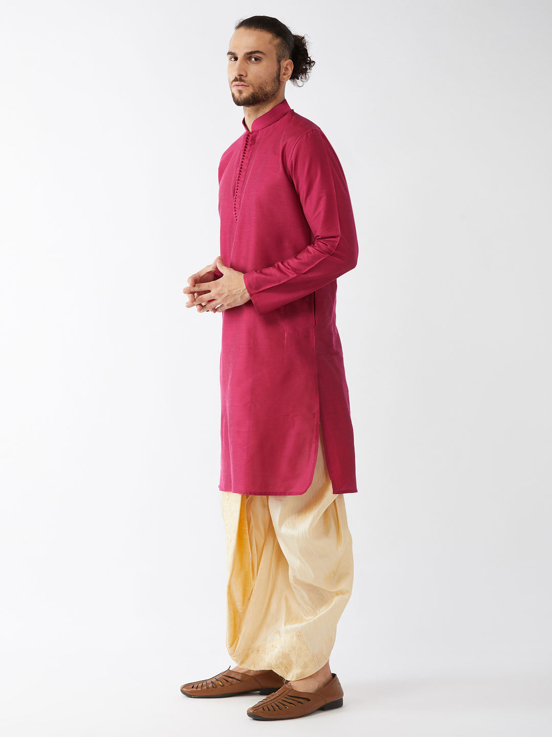 Sarvati Men's Fuchsia Pink And Gold Cotton Silk Blend Kurta And Dhoti Set