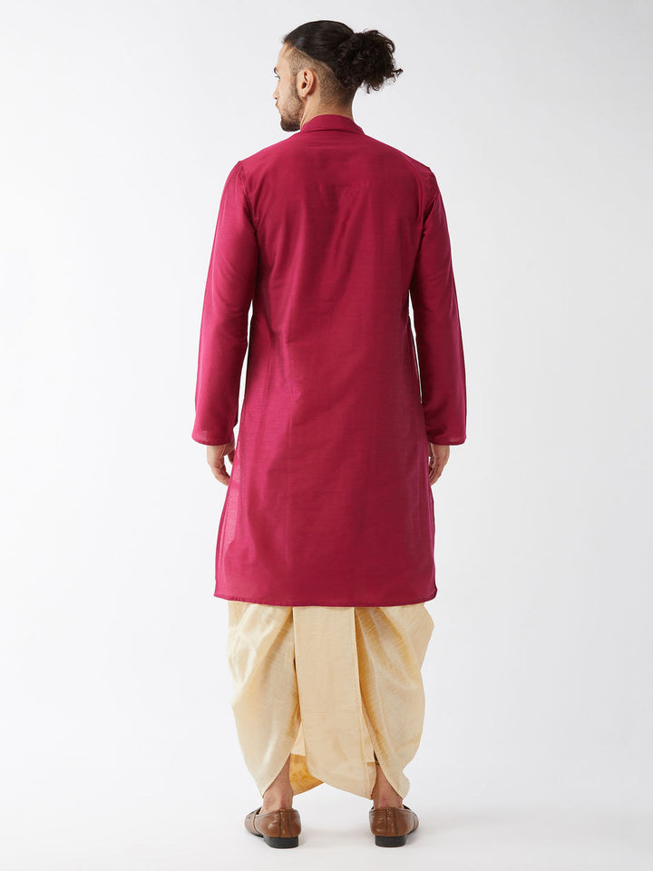 Sarvati Men's Fuchsia Pink And Gold Cotton Silk Blend Kurta And Dhoti Set