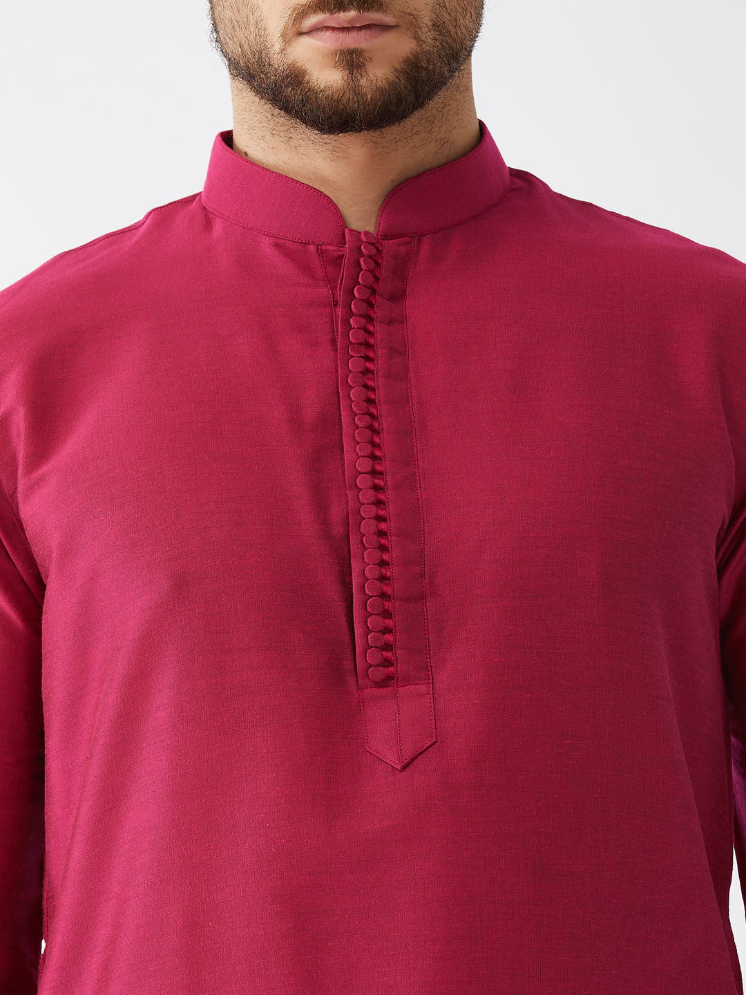 Sarvati Men's Fuchsia Pink And Gold Cotton Silk Blend Kurta And Dhoti Set