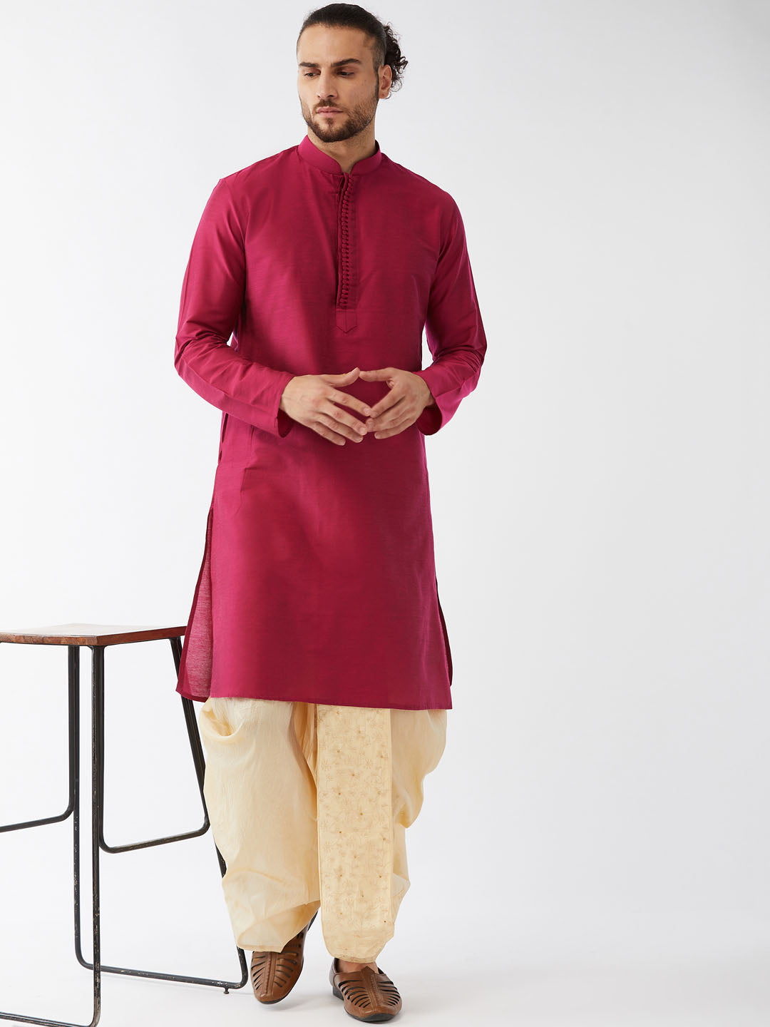 Sarvati Men's Fuchsia Pink And Gold Cotton Silk Blend Kurta And Dhoti Set