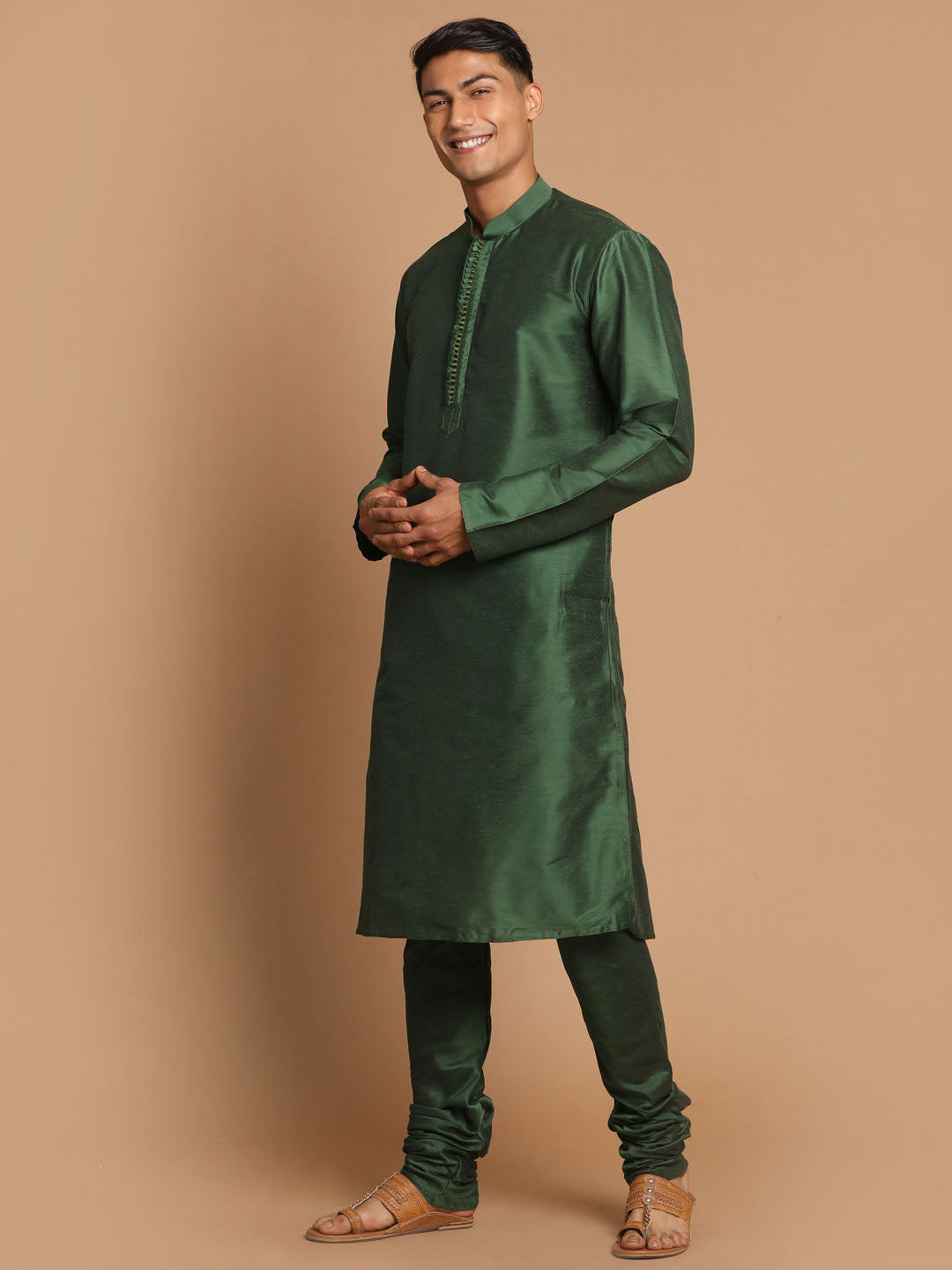 Sarvati Men's Green Cotton Silk Blend Kurta and Pyjama Set