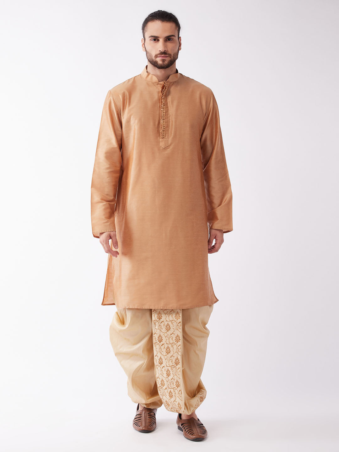 Sarvati Men Rose Gold Kurta with Embroidered Dhoti