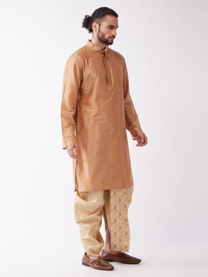 Sarvati Men Rose Gold Kurta with Embroidered Dhoti