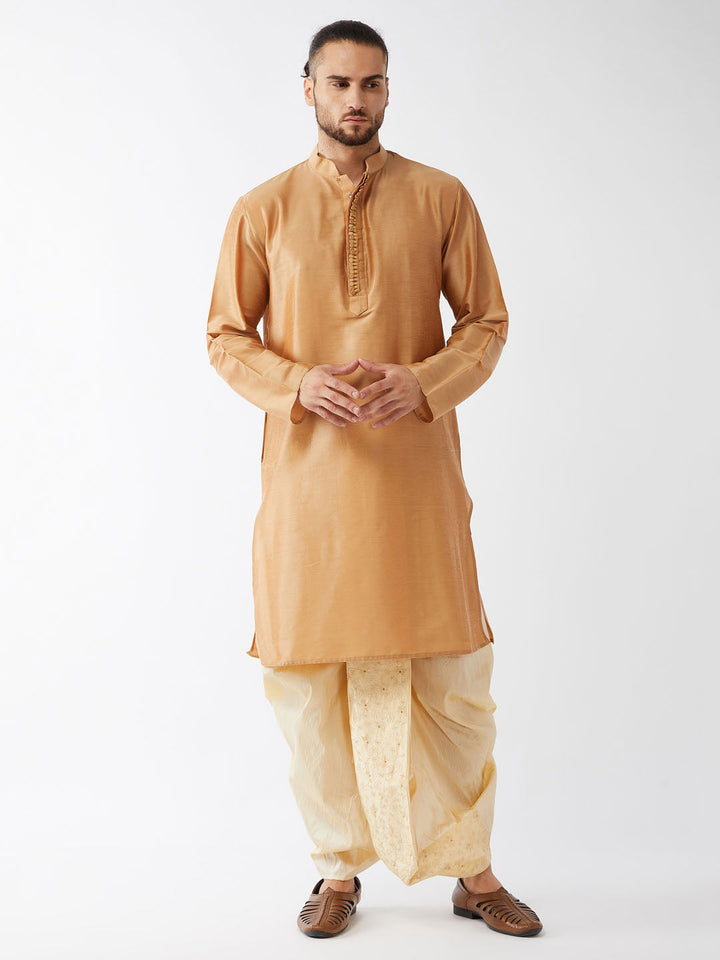 Sarvati Men's Rose Gold And Gold Cotton Silk Blend Kurta And Dhoti Set