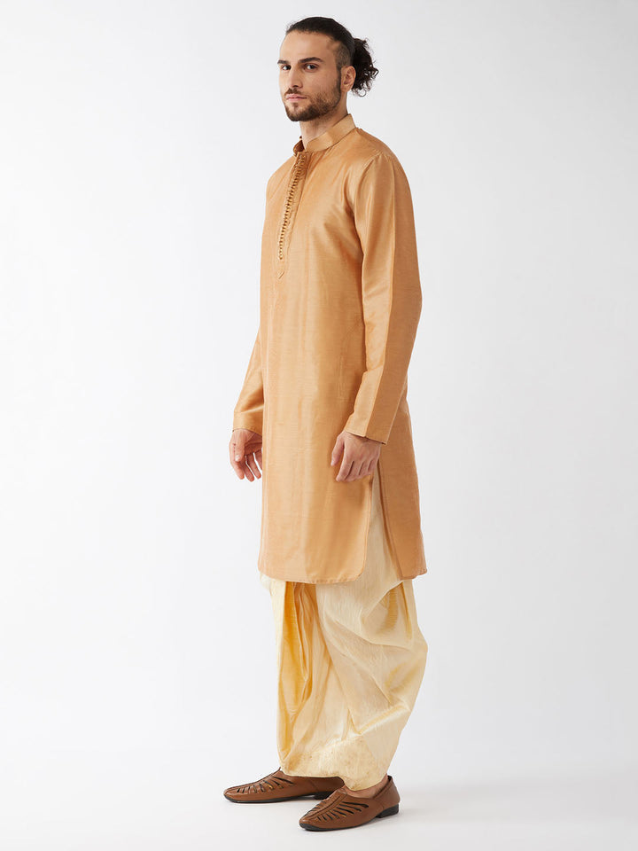 Sarvati Men's Rose Gold And Gold Cotton Silk Blend Kurta And Dhoti Set