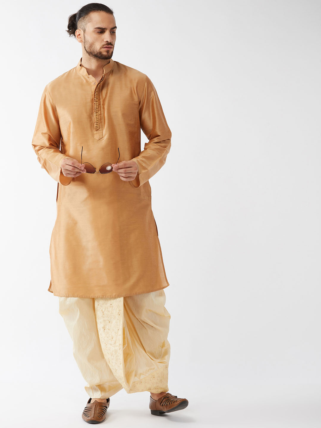 Sarvati Men's Rose Gold And Gold Cotton Silk Blend Kurta And Dhoti Set