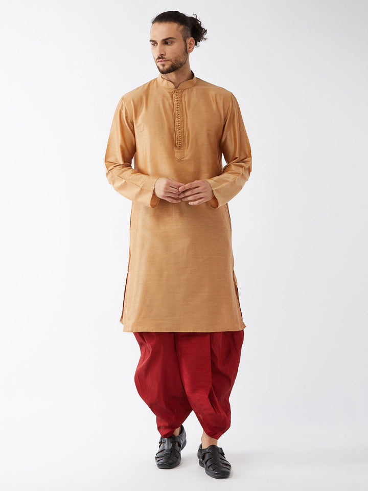 Sarvati Men's Rose Gold And Maroon Silk Blend Kurta With Dhoti Set