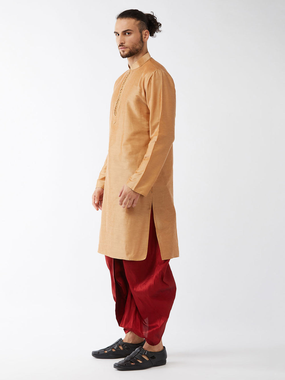 Sarvati Men's Rose Gold And Maroon Silk Blend Kurta With Dhoti Set