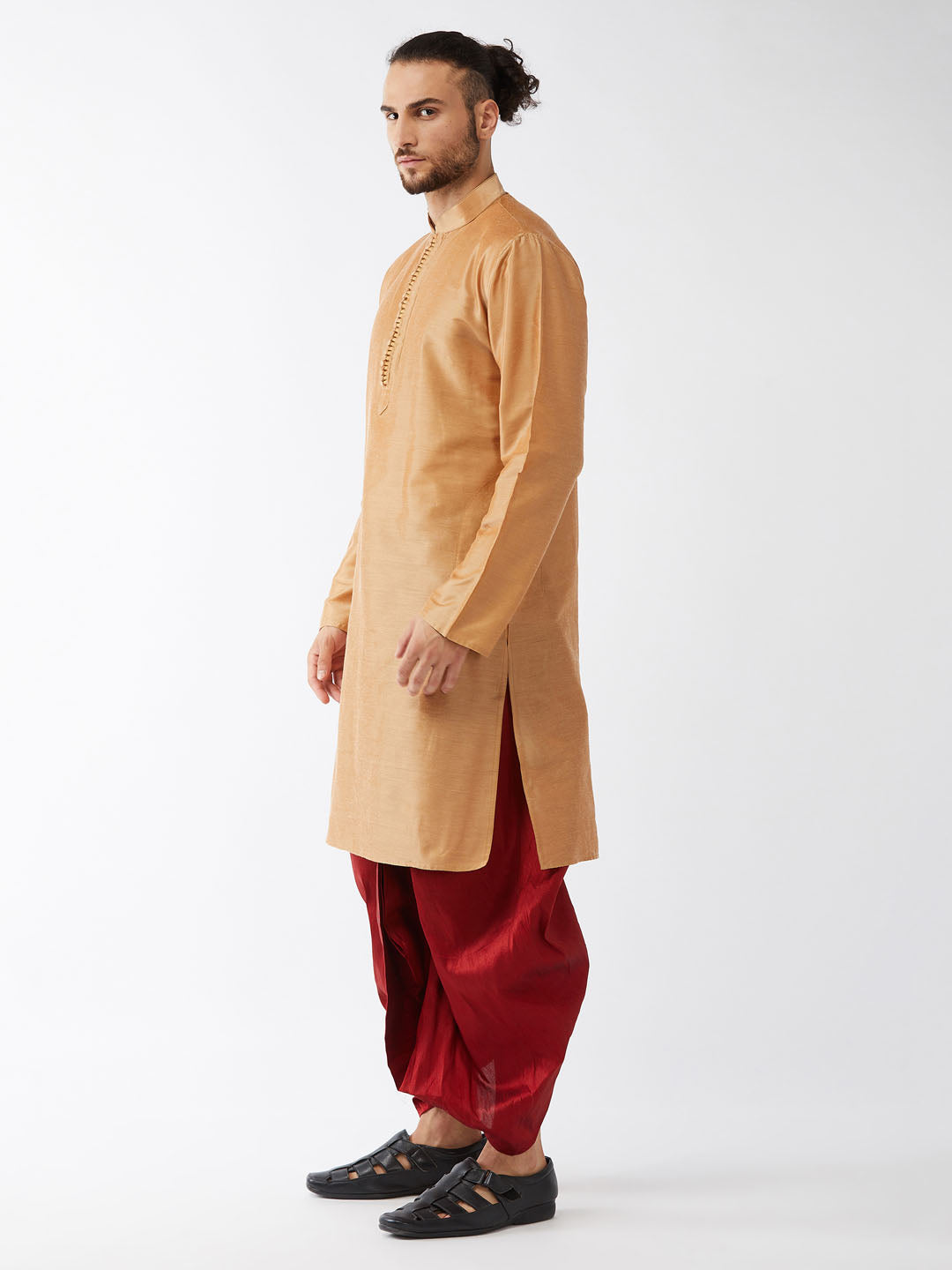 Sarvati Men's Rose Gold And Maroon Silk Blend Kurta With Dhoti Set