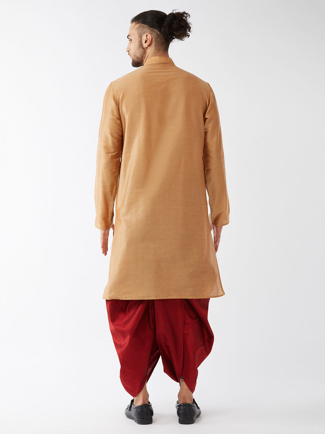 Sarvati Men's Rose Gold And Maroon Silk Blend Kurta With Dhoti Set